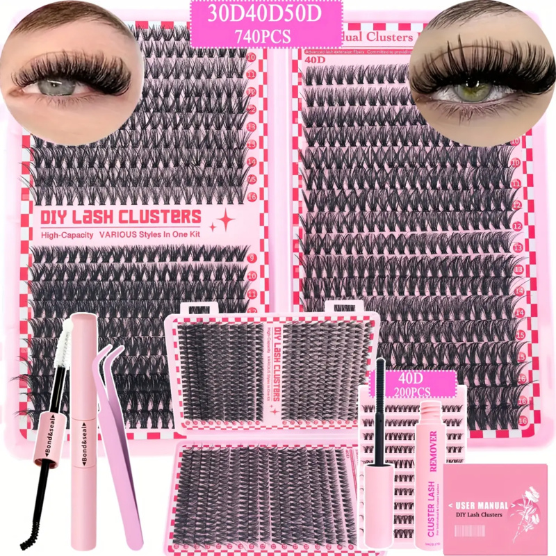 Eyelash Extension Equipment - 740/200個クラスターまつげエクステンションキット、2-in-1ラッシュボンド、ピンセット、ラッシュリムーバー、30D+40D+50D 9-16mmミックスクラスター初心者用
